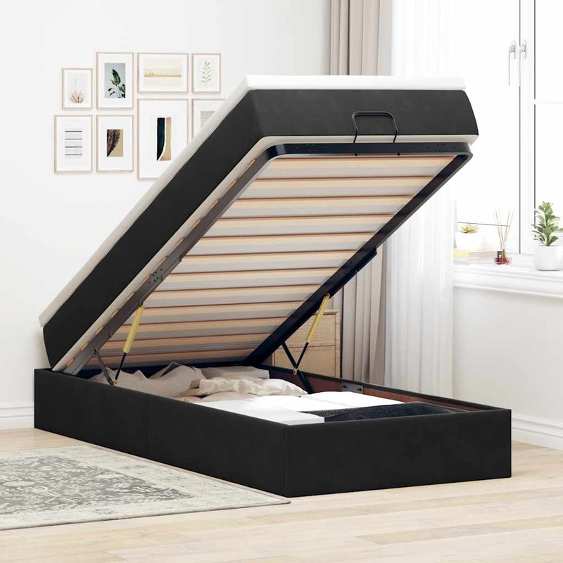 Cadre de lit ottoman avec matelas noir 90x190 cm velours
