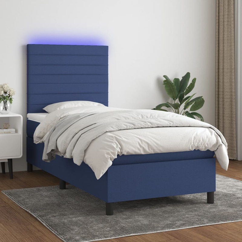 Sommier  lattes de lit et matelas et LED Bleu 100x200 cm Tissu