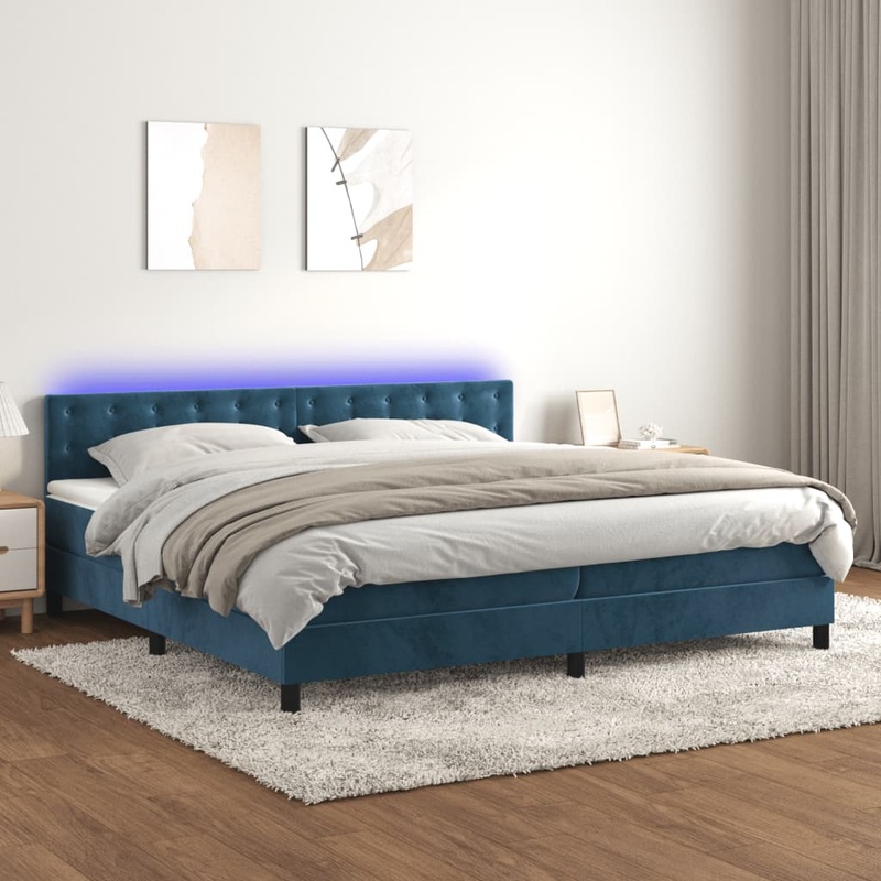 Sommier  lattes de lit matelas et LED Bleu fonc 200x200 cm