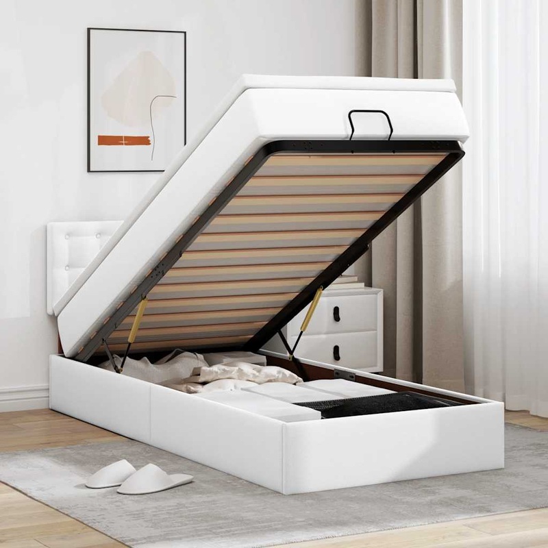 Cadre de lit ottoman avec matelas blanc pur 90x200cm similicuir