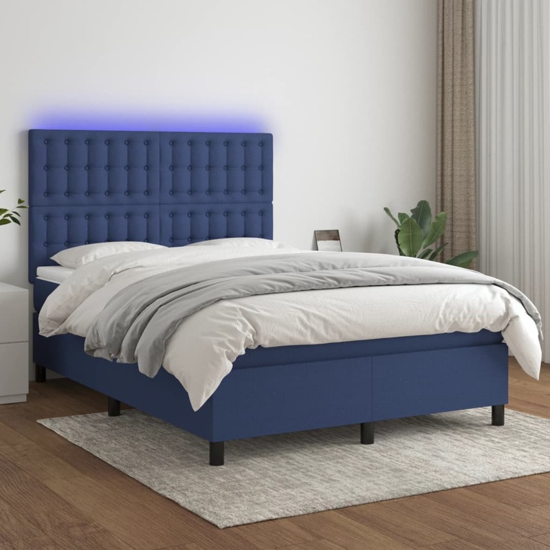 Sommier  lattes de lit et matelas et LED Bleu 140x200 cm Tissu
