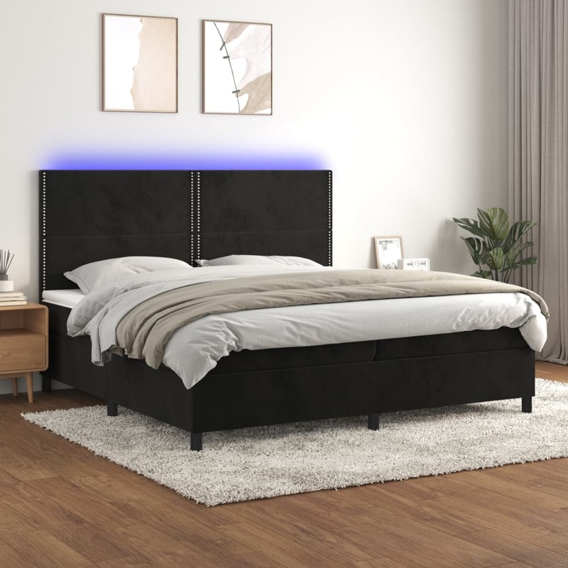 Sommier  lattes de lit matelas et LED Noir 200x200 cm Velours