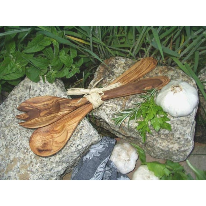 olivenholz-erleben - Salatbesteck mit Bastband verbunden KLEIN 21 cm