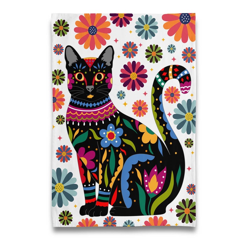 Naked Decor - Black Kitty Cat - Feline and Florals Tea Towel