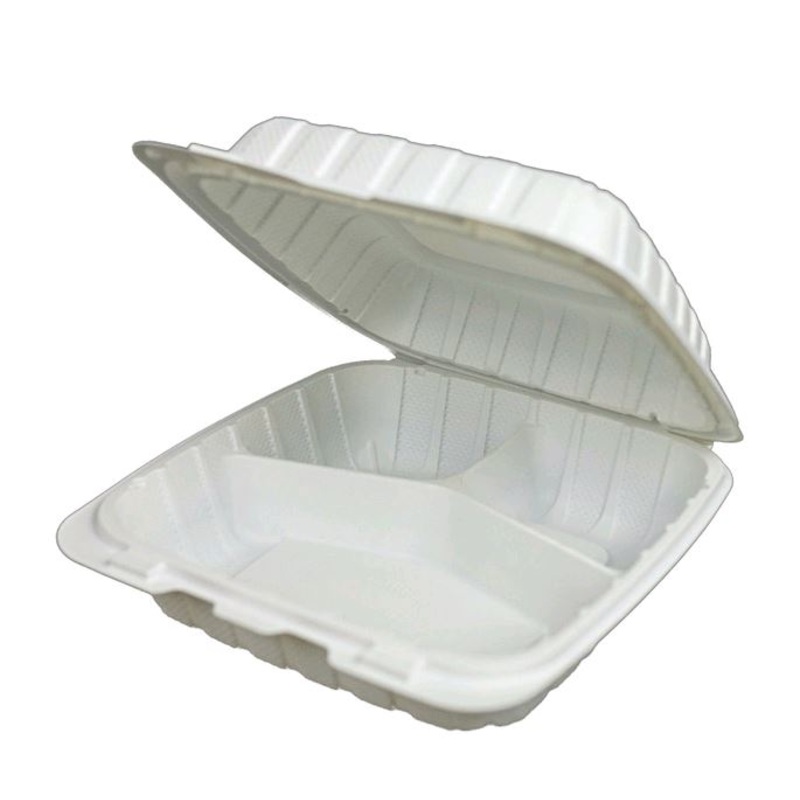 Plastic Hinged Container 9x9x3" White 3-Comp MFPP