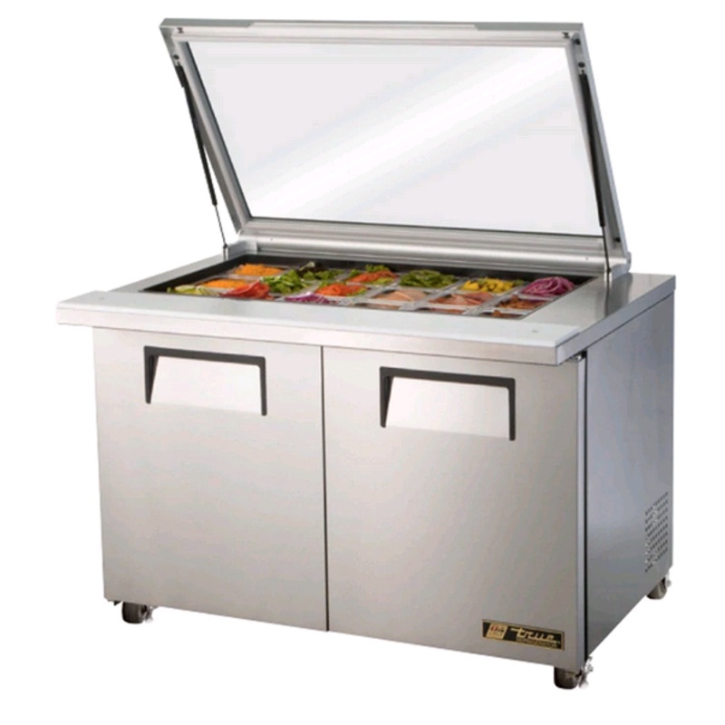 True 48" Two Section Stainless Steel Salad/Sandwich Prep Table With Flat Glass Lid TSSU-48-18M-B-FGLID-HC