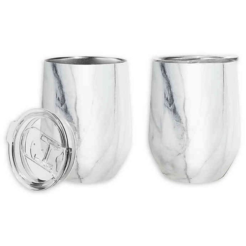 Fox Run 12 oz White Marble Pattern Wine Tumblers w/ Lid 76485*