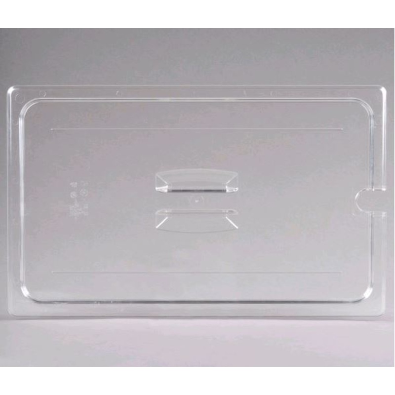 Cambro Camwear Clear Polycarbonate Handled Lid with Spoon Notch 10CWCHN135