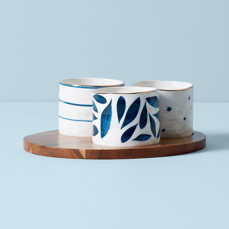 Blue Bay Snack Bowls - Set of 3 - With Wood Tray