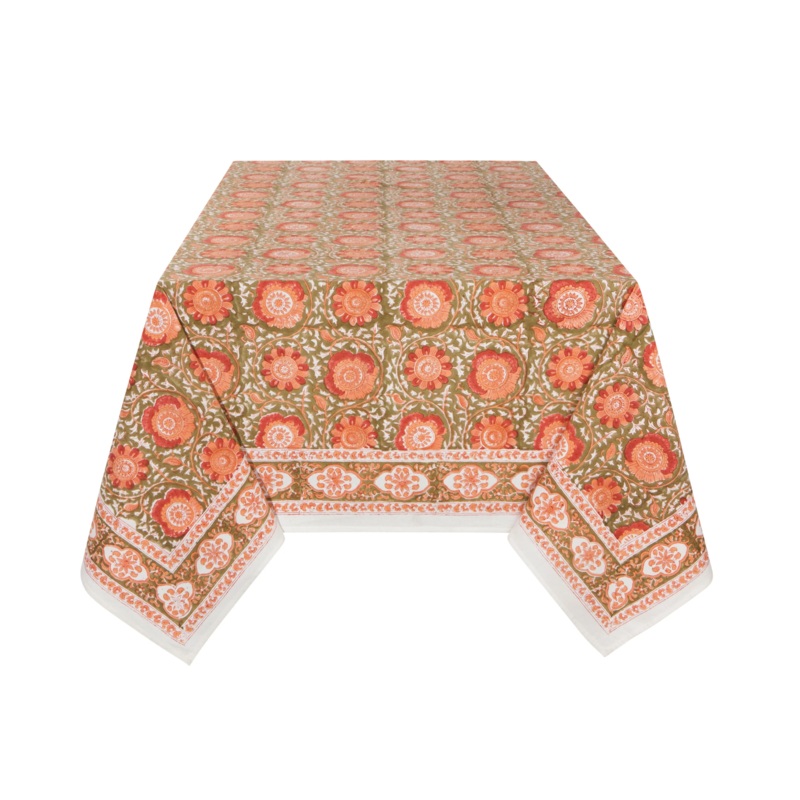 Zinnia Block Print Tablecloth, 60 x 90 Inches