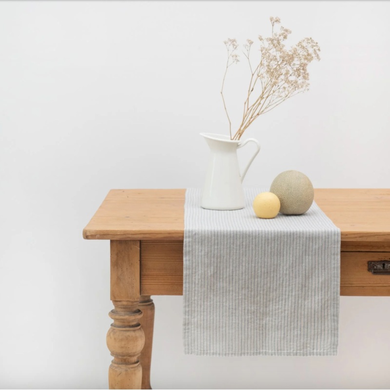 Linen Tales Grey Blue Pinstripe Rustic Linen Table Runner, 16x59"