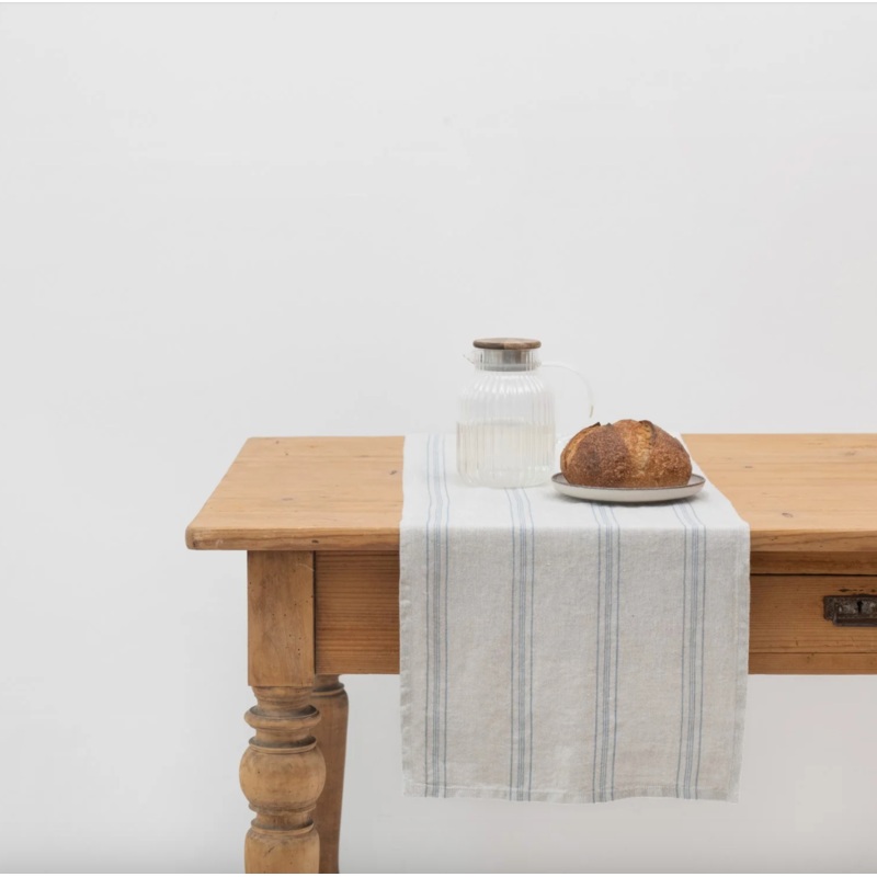 Linen Tales Grey Blue Wide Stripe Rustic Linen Table Runner, 16x59"