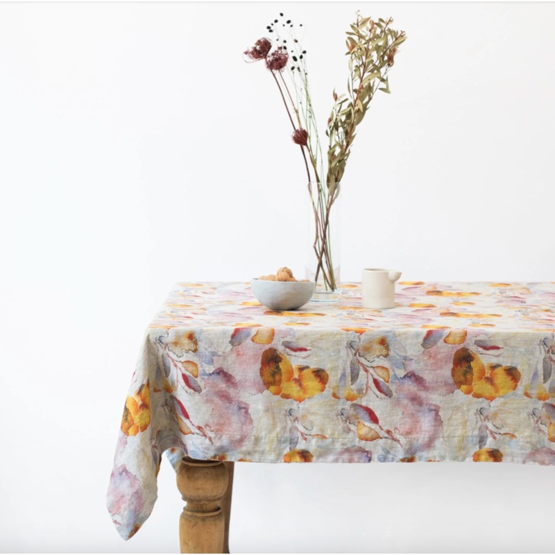 Linen Tales Orange Flow on Natural Linen Tablecloth, 55x98"