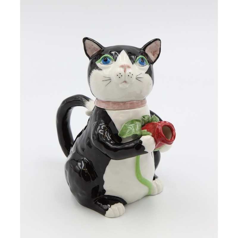 CuriousCuteBlackCatwithRedRoseTeapot