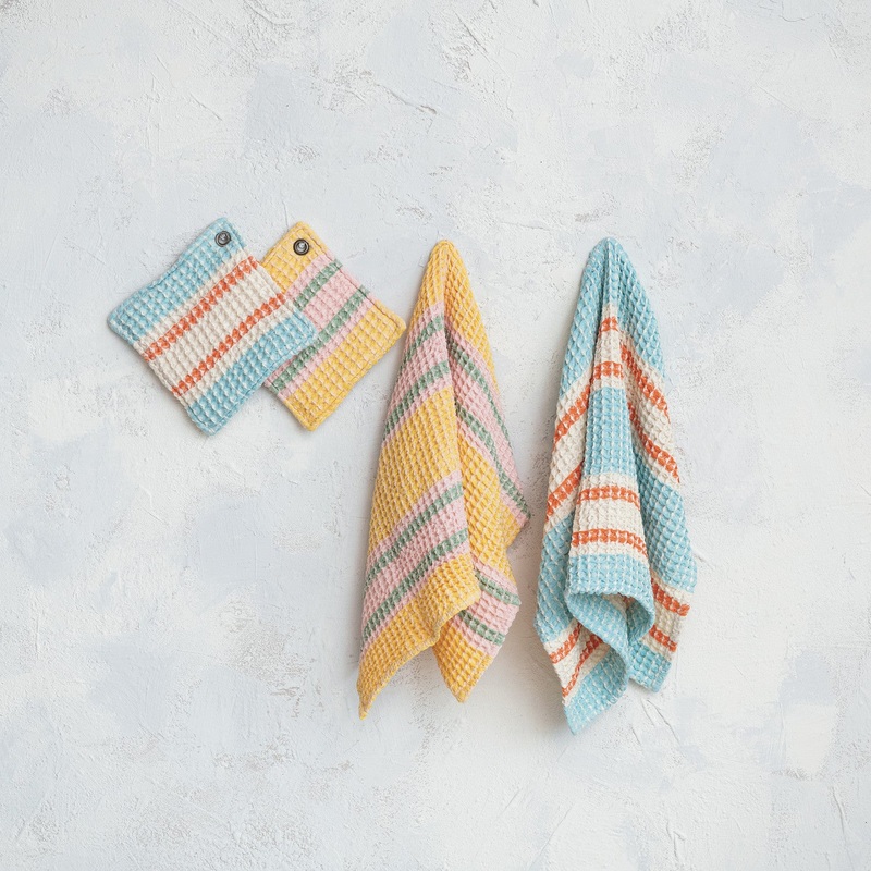 WovenCottonWaffleWeaveTeaTowelw/Stripes