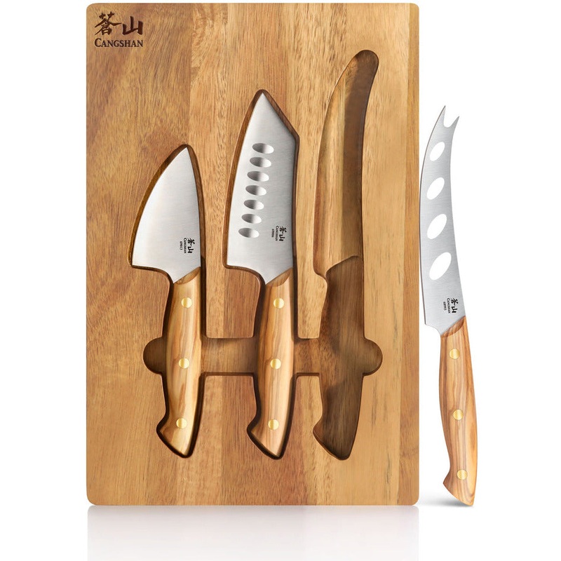 CangshanOliveWoodCheeseKnifeSetw/AcaciaCheeseBoard