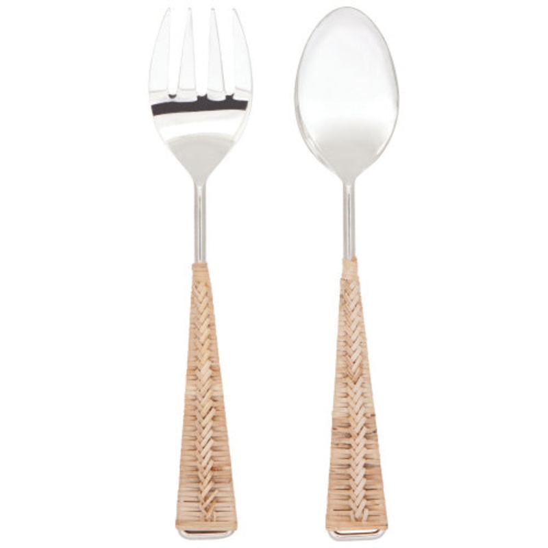 GlossySteelRattanSaladServersSet