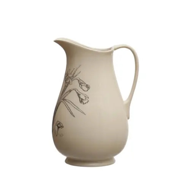 WhiteandCharcoalStonewarePitcherw/Flower64oz