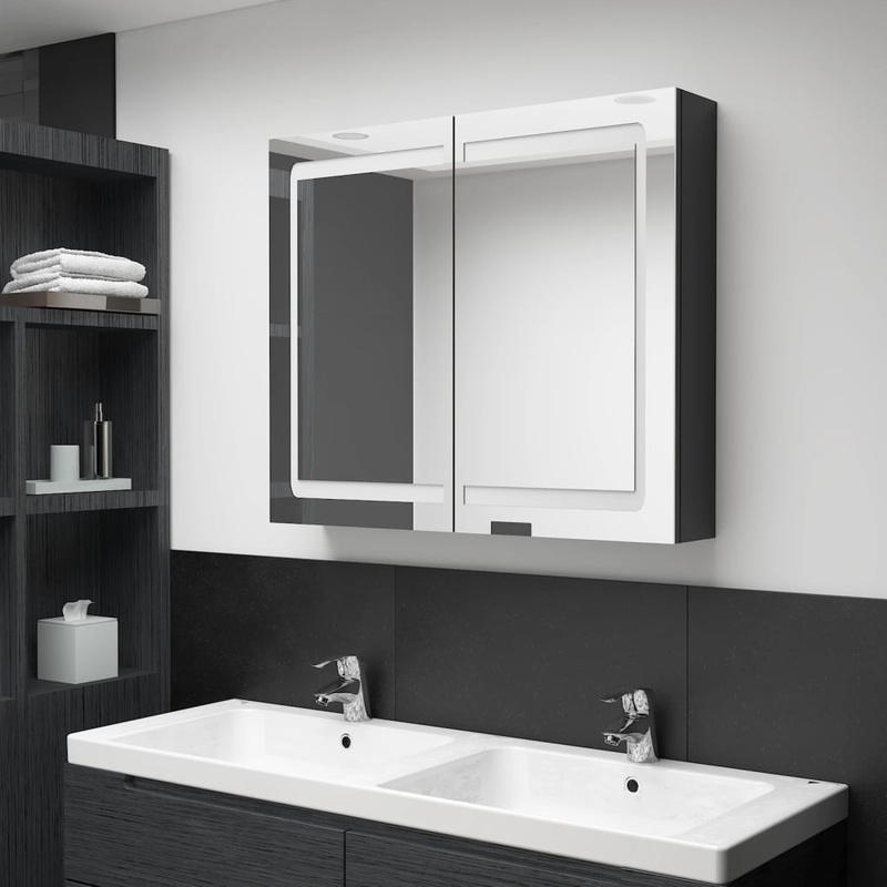 Armoire de salle de bain  miroir LED noir brillant 80x12x68 cm
