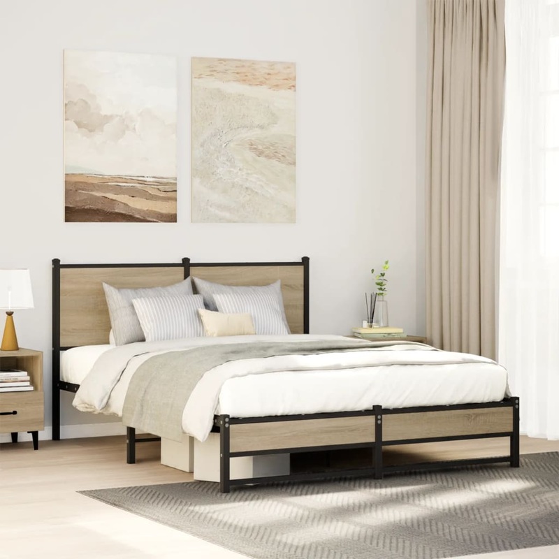 Cadre de lit en mtal sans matelas chne sonoma 140x190 cm