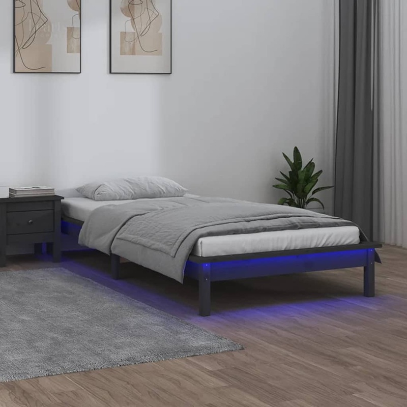 Cadre de lit  LED sans matelas gris 90x200 cm bois massif