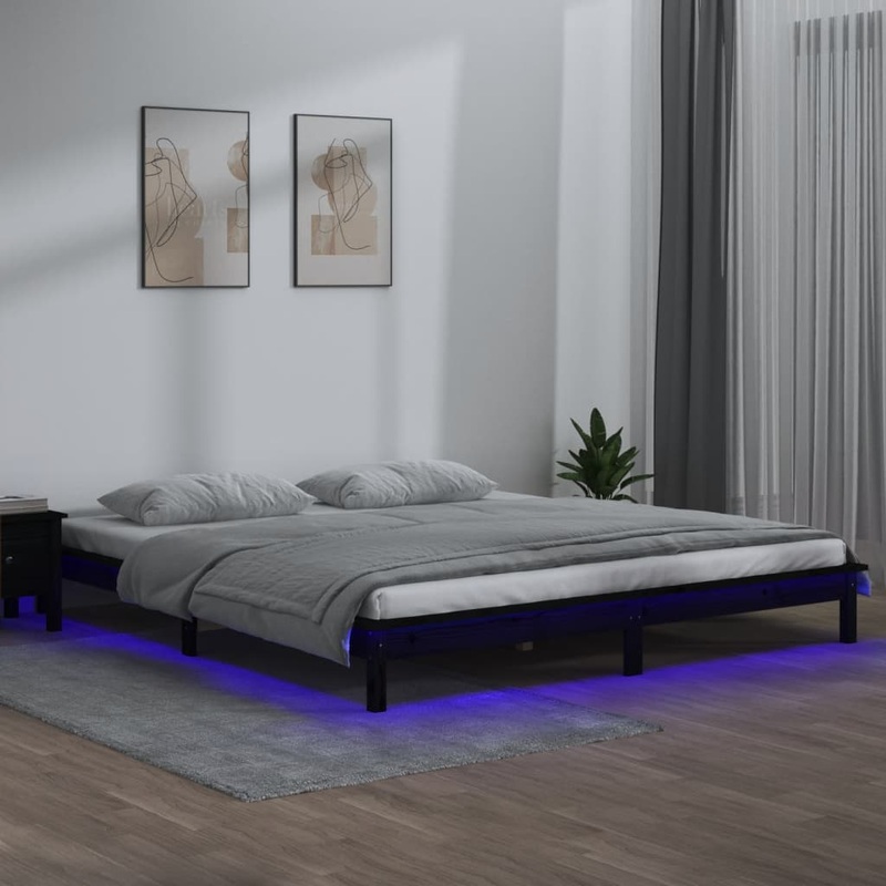 Cadre de lit  LED sans matelas noir 140x190 cm bois massif