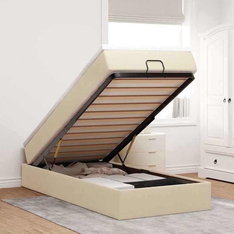 Cadre de lit ottoman avec matelas crme 100x200cm tissu