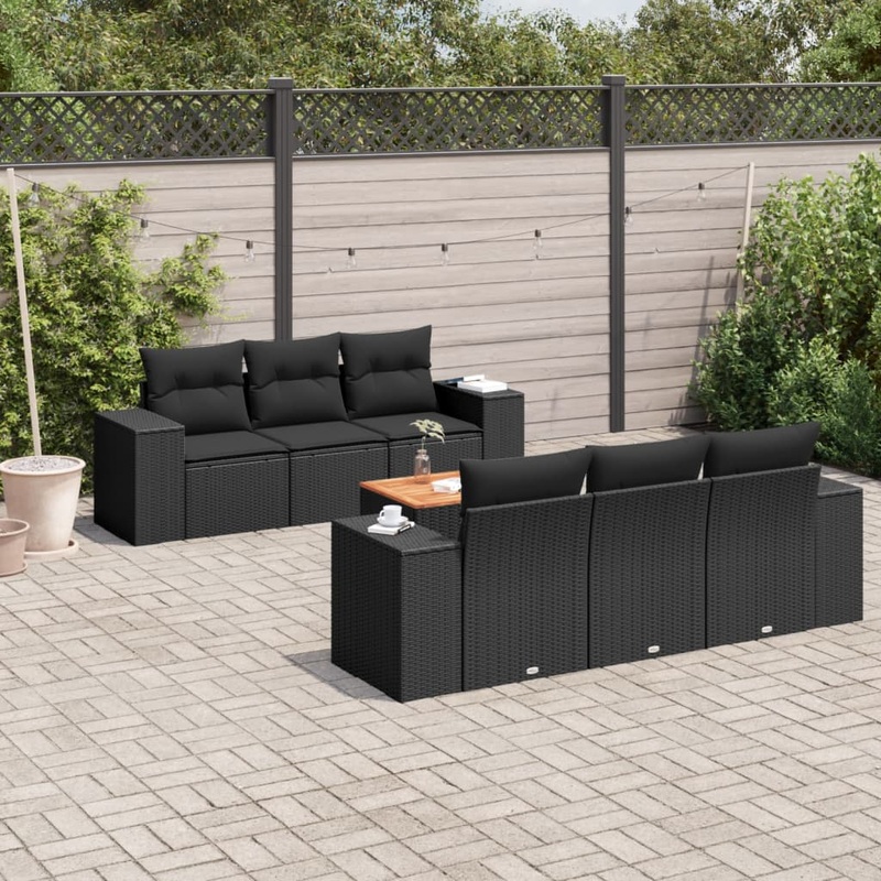 Salon de jardin 7 pcs avec coussins noir rsine tresse