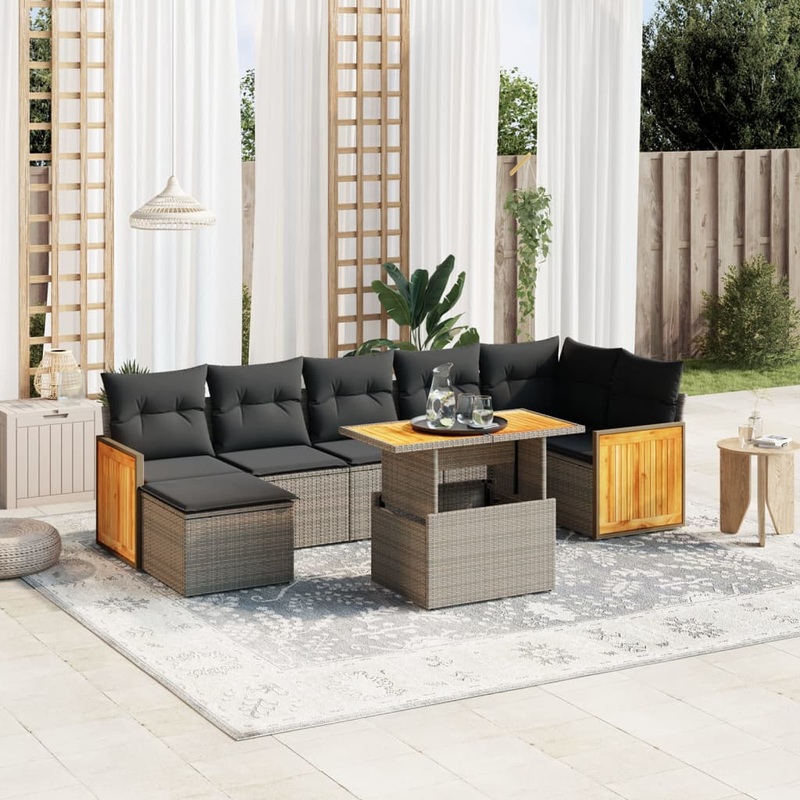 Salon de jardin 8 pcs avec coussins gris rsine tresse