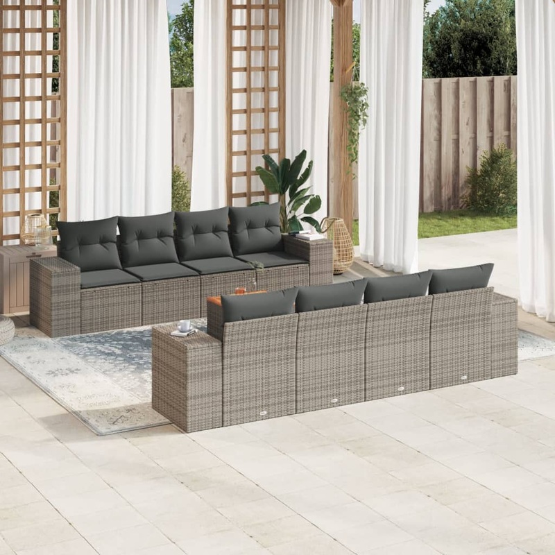 Salon de jardin 9 pcs avec coussins gris rsine tresse