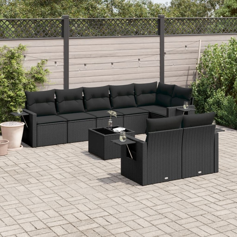 Salon de jardin 9 pcs avec coussins noir rsine tresse