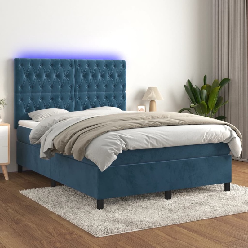 Sommier  lattes de lit matelas et LED Bleu fonc 140x200 cm